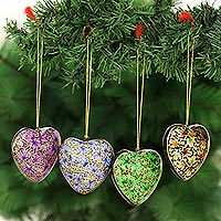 Papier mache ornaments, 'Heartfelt Holiday' (set of 4) - Four Heart Shaped Holiday Ornaments in Papier Mache