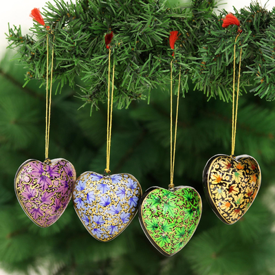 Papier mache ornaments, 'Heartfelt Holiday' (set of 4) - Four Heart Shaped Holiday Ornaments in Papier Mache