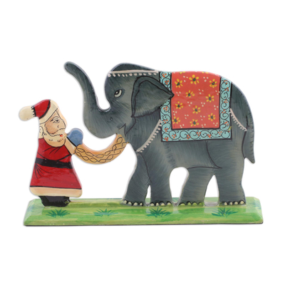 Wood decorative accents, 'Jungle Santa' (pair) - Hand Painted Christmas Decor with Santa and Elephants (Pair)