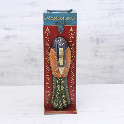 Portabotellas de madera, 'Festive Peacock' - Caja portabotellas de madera pintada a mano con temática de pavo real