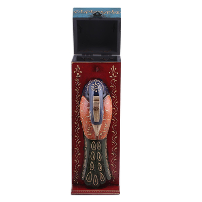 Wood bottle holder, 'Festive Peacock' - Peacock Themed Hand Painted Wood Bottle Holder Box