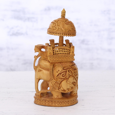 Escultura de madera - Escultura de madera detallada de elefante con Howdah