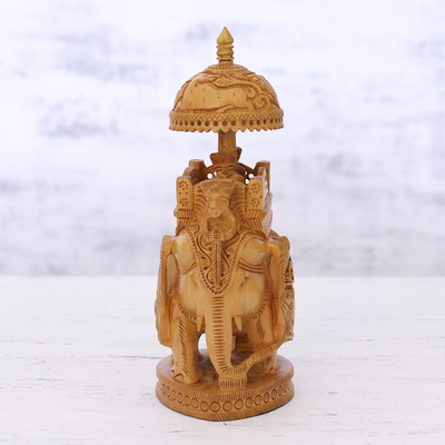 Escultura de madera - Escultura de madera detallada de elefante con Howdah
