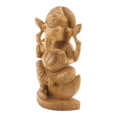 Escultura de madera, 'Deva Ganesha' - Estatuilla de Ganesha tallada a mano en madera Kadam