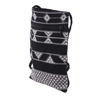 Cotton sling bag, 'Rajasthani Roads' - Hand Woven Black and White Cotton Sling Bag