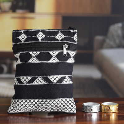 Cotton sling bag, 'Rajasthani Roads' - Hand Woven Black and White Cotton Sling Bag