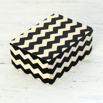 Decorative box, 'Zigzag Channels' - Black and White Zigzag Motif Decorative Box