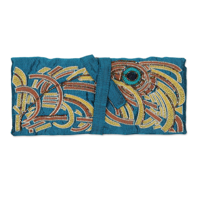Peacock Theme Turquoise Embroidered Silk Jewelry Roll