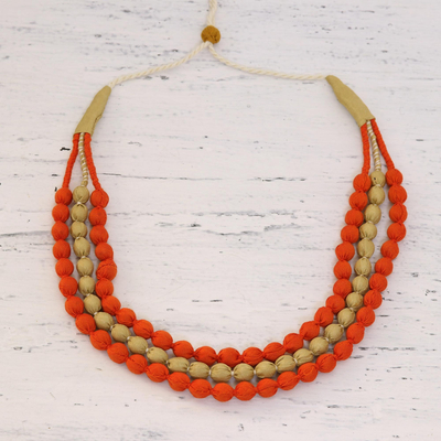Multi-strand fabric wrapped beaded necklace, 'Harmony in Orange' - Handcrafted Multi-strand Fabric Wrapped Beaded Necklace