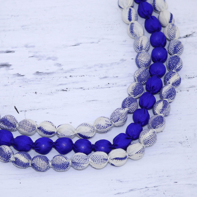 Multi-strand fabric wrapped beaded necklace, 'Burst of Blue' - Blue and White Three Strand Fabric Wrapped Beaded Necklace