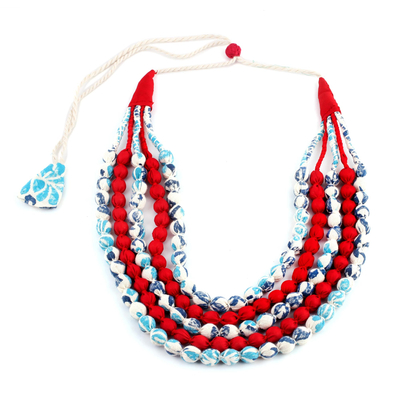 Multi-strand fabric wrapped beaded necklace, 'Flashes of Red' - Multi-strand Fabric Wrapped Beaded Necklace from India