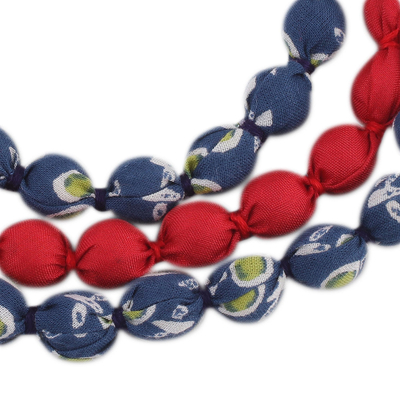 Beaded multi-strand necklace, 'Heavenly Bond' - Recycled Fabric Bead Necklace in Red and Blue
