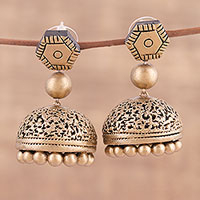 Ceramic dangle earrings, 'Golden Texture' - Hand-Painted Gold-Tone Ceramic Dangle Earrings form India