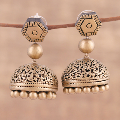 Ceramic dangle earrings, 'Golden Texture' - Hand-Painted Gold-Tone Ceramic Dangle Earrings form India