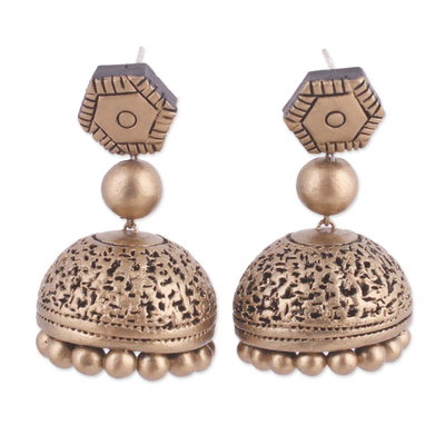 Ohrhänger aus Keramik - Handbemalte goldfarbene Keramik-Ohrhänger aus Indien