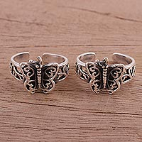 Sterling silver toe rings, 'Butterfly Twins' (pair)