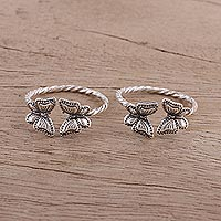Sterling silver toe rings, 'Butterfly Meeting' (pair) - Twisted Toe Rings with Butterfly Accents from India (Pair)