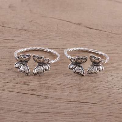 Sterling silver toe rings, 'Butterfly Meeting' (pair) - Twisted Toe Rings with Butterfly Accents from India (Pair)