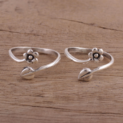 Sterling silver toe rings, 'Flower and Leaf' (pair) - Unique Toe Rings with Flower Wrap Design (Pair)