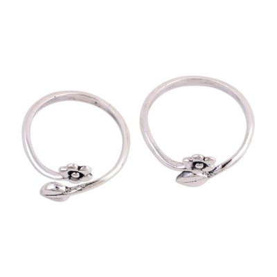 Sterling silver toe rings, 'Flower and Leaf' (pair) - Unique Toe Rings with Flower Wrap Design (Pair)