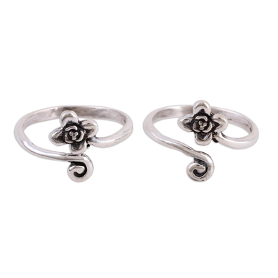 Sterling silver toe rings, 'Flower and Swirl' (pair) - Flower Motif Toe Rings Handmade in Sterling Silver (Pair)