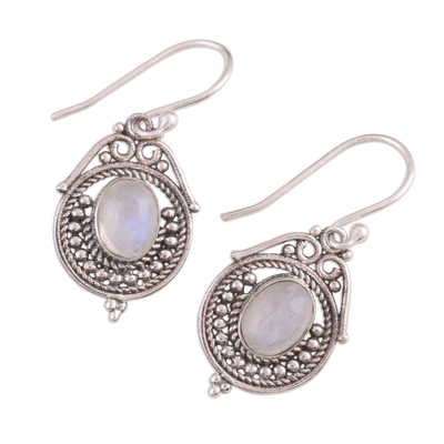 Rainbow moonstone dangle earrings, 'Majestic Circles' - Rainbow Moonstone and Sterling Silver Earrings from India