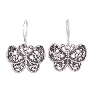 Sterling silver dangle earrings, 'Darling Butterflies' - Ornate Sterling Silver Butterfly Dangle Earrings