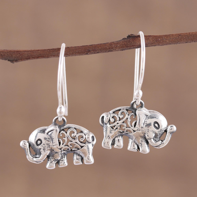 Sterling silver dangle earrings, 'Elephant Appeal' - Jali Motif Sterling Silver Elephant Dangle Earrings
