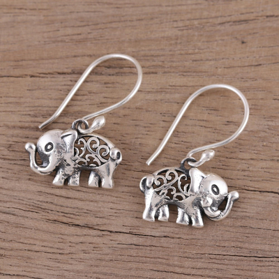 Pendientes colgantes de plata de ley, 'Elephant Appeal' - Pendientes colgantes de elefante de plata de ley con motivo Jali