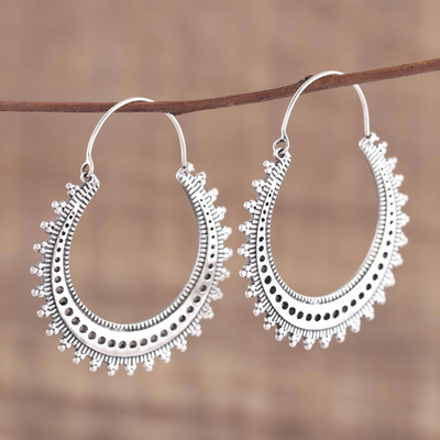 Sterling silver hoop earrings, 'Majestic Sunshine' - Pretty Indian Style Sterling Silver Hoop Earrings
