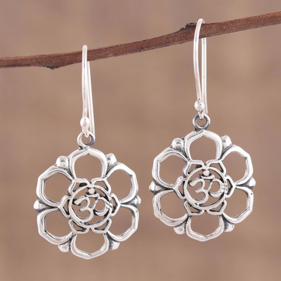 Sterling silver dangle earrings, 'Floral Om' - Sterling Silver Floral Om Symbol Dangle Earrings