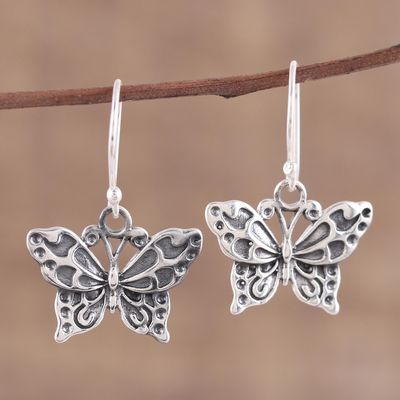 Sterling silver dangle earrings, 'Dancing Butterfly' - Detailed Sterling Silver Butterfly Motif Dangle Earrings
