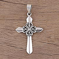 Sterling silver cross pendant, 'Heart of Faith' - Polished Sterling Silver Cross Pendant with Heart Motifs