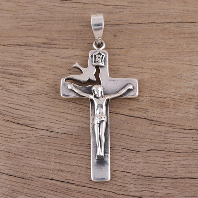 Sterling silver crucifix pendant, 'Peace Will Prevail' - Hand Crafted Sterling Silver Crucifix Pendant