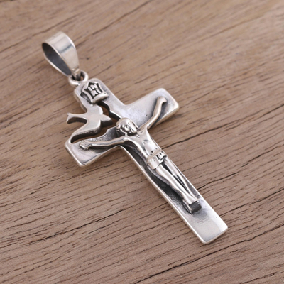 Sterling silver crucifix pendant, 'Peace Will Prevail' - Hand Crafted Sterling Silver Crucifix Pendant