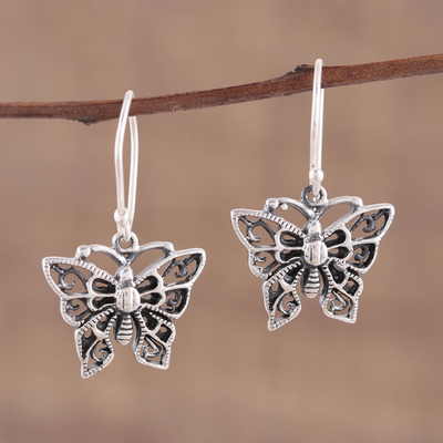 Sterling silver dangle earrings, 'Jali Butterfly' - Delicate Sterling Silver Butterfly Dangle Earrings