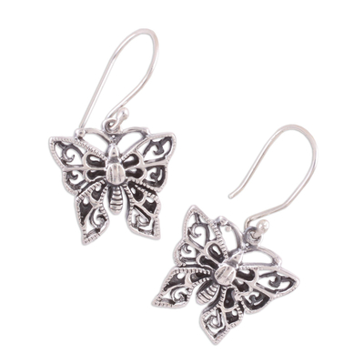 Sterling silver dangle earrings, 'Jali Butterfly' - Delicate Sterling Silver Butterfly Dangle Earrings