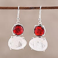 Rainbow moonstone and garnet dangle earrings, 'Regal Air' - Rainbow Moonstone and Garnet 15 Carat Dangle Earrings