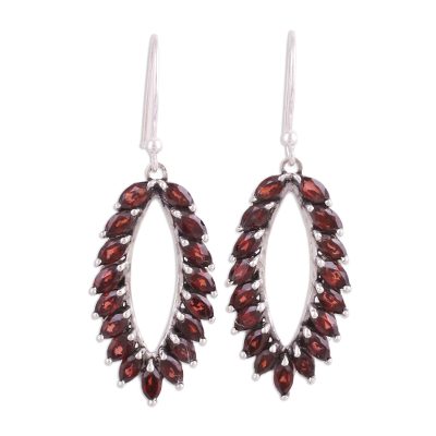 Garnet dangle earrings, 'Red Fronds' - Marquise Garnet Earrings from India