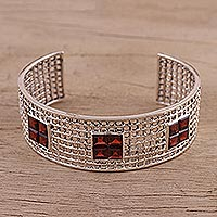 Garnet cuff bracelet, 'Shining Mesh' - Garnet Cuff Bracelet from India