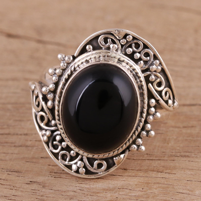 Onyx cocktail ring, 'Magical Allure' - Handcrafted Black Onyx Cocktail Ring from India