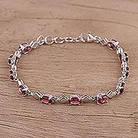 Rhodium plated garnet link bracelet, 'Inspiring Red' - Garnet and Rhodium Plated Silver Link Bracelet from India