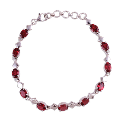 Garnet and Rhodium Plated Silver Link Bracelet from India