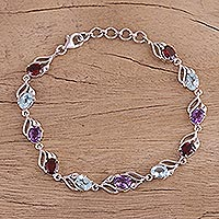 Rhodium plated multi-gemstone link bracelet, 'colourful Leaves' - Rhodium Plated Multi-Gemstone Link Bracelet from India