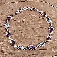 Rhodium plated multi-gemstone link bracelet, Colorful Leaves