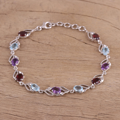 Rhodium plated multi-gemstone link bracelet, 'colourful Leaves' - Rhodium Plated Multi-Gemstone Link Bracelet from India