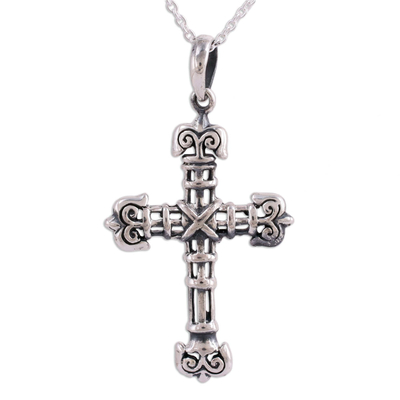Sterling silver cross pendant necklace, 'Bound in Faith' - Sterling Silver Cross Pendant Necklace from India