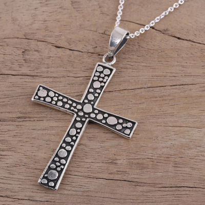 Sterling silver cross pendant necklace, 'Starry Heavens' - Unique Sterling Silver Cross Pendant Necklace