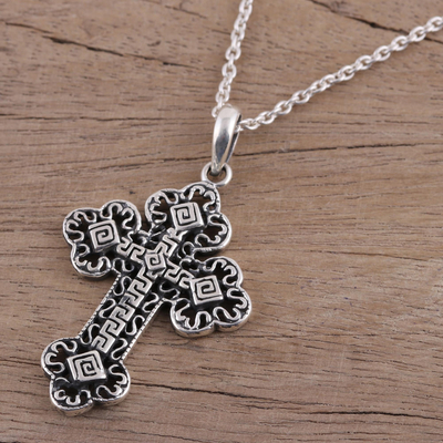 Sterling silver cross pendant necklace, 'Key to Heaven' - Greek Key Motif Sterling Silver Cross Pendant Necklace