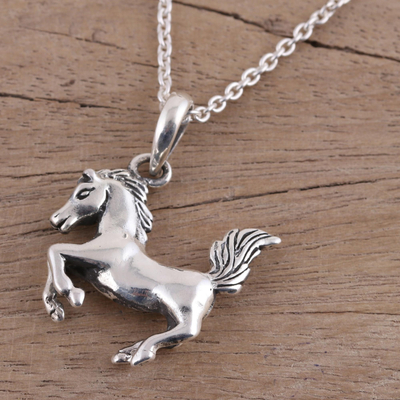 Sterling silver pendant necklace, 'Prancing Steed' - Horse Pendant Necklace in Sterling Silver from India
